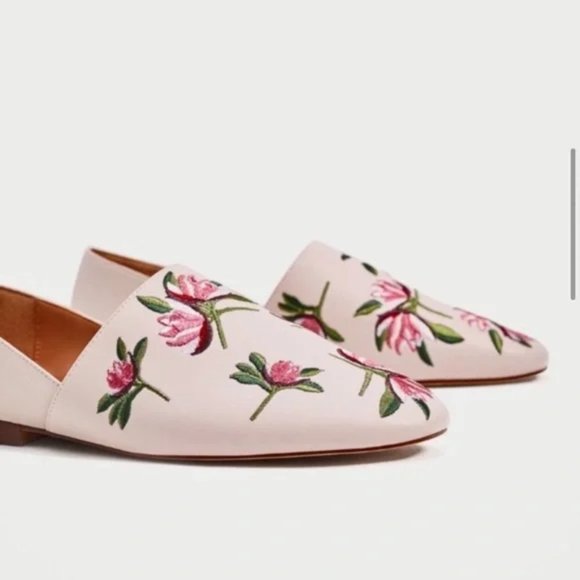 ZARA Embroidered Floral Faux Vegan Leather Pink Flat Loafers Shoes - US 8 - Picture 4 of 10